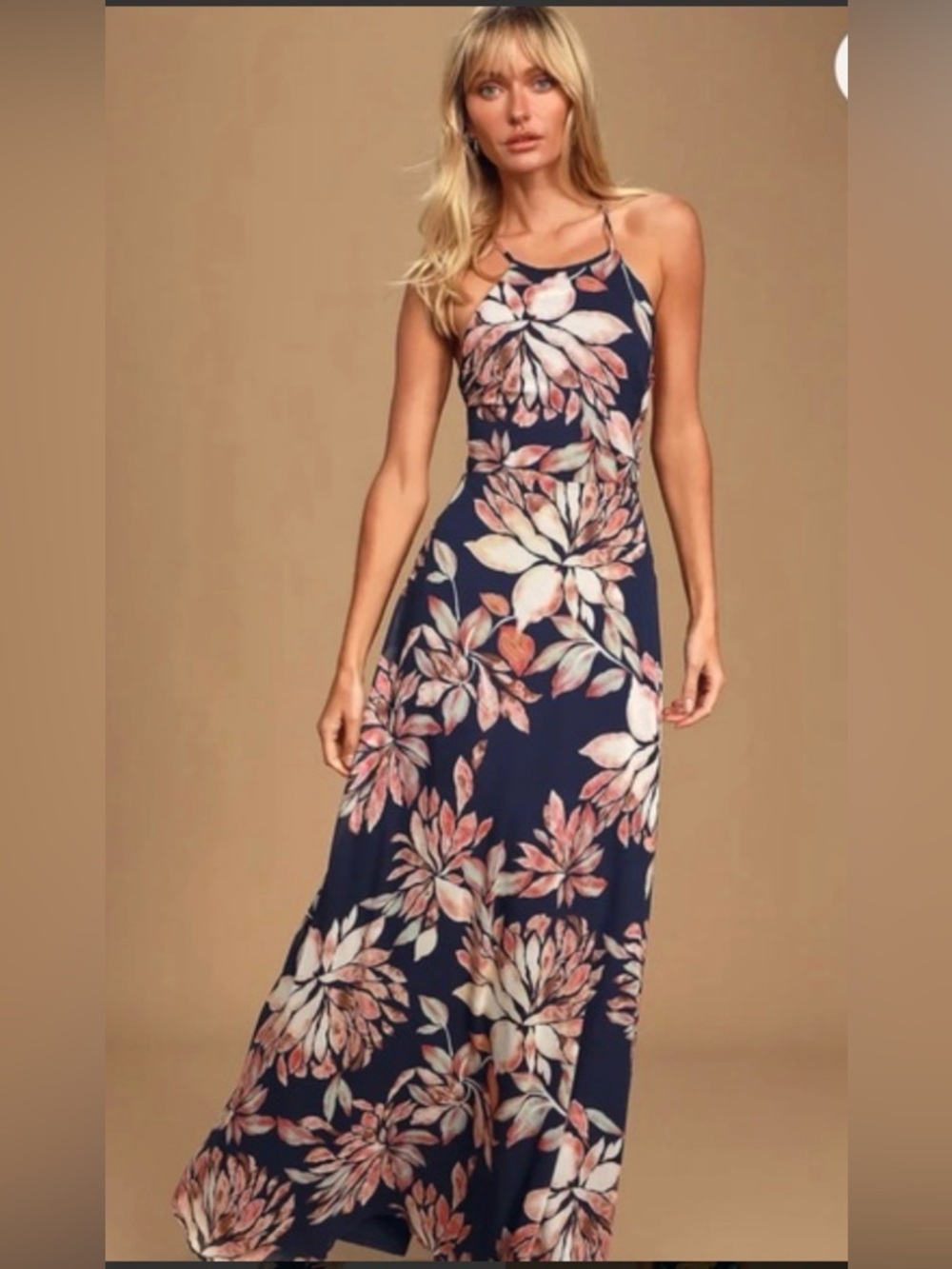 Lulus Adventure Seeker Navy Blue Floral Print Maxi Dress. Halter. Small. Flaw